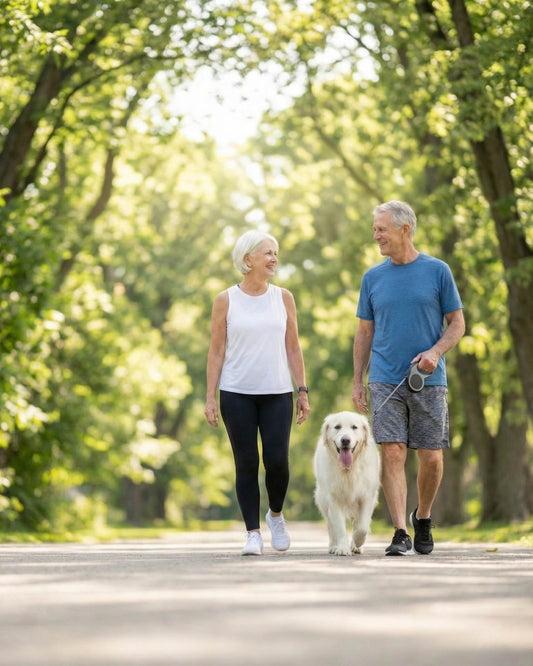 Senior couple walking a dog on a path in a park