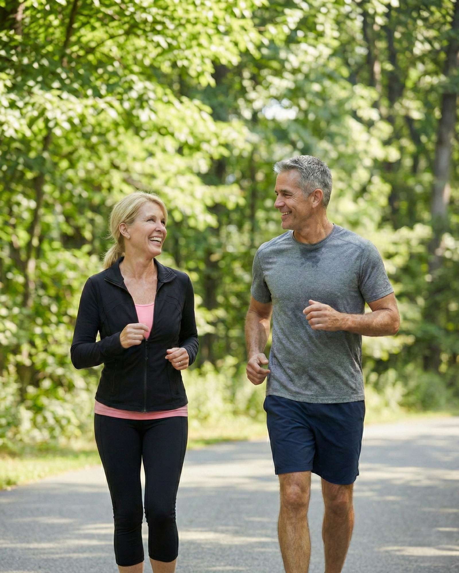Man and woman jogging together on a path surrounded by trees