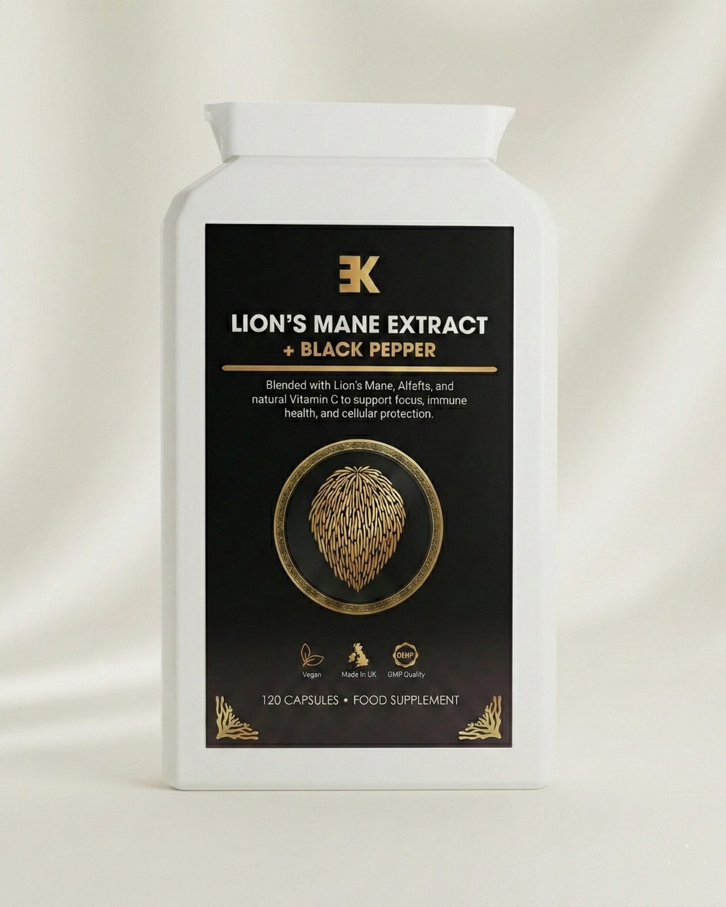 Supplement package labeled 'Lion's Mane Extract + Black Pepper' on a light background