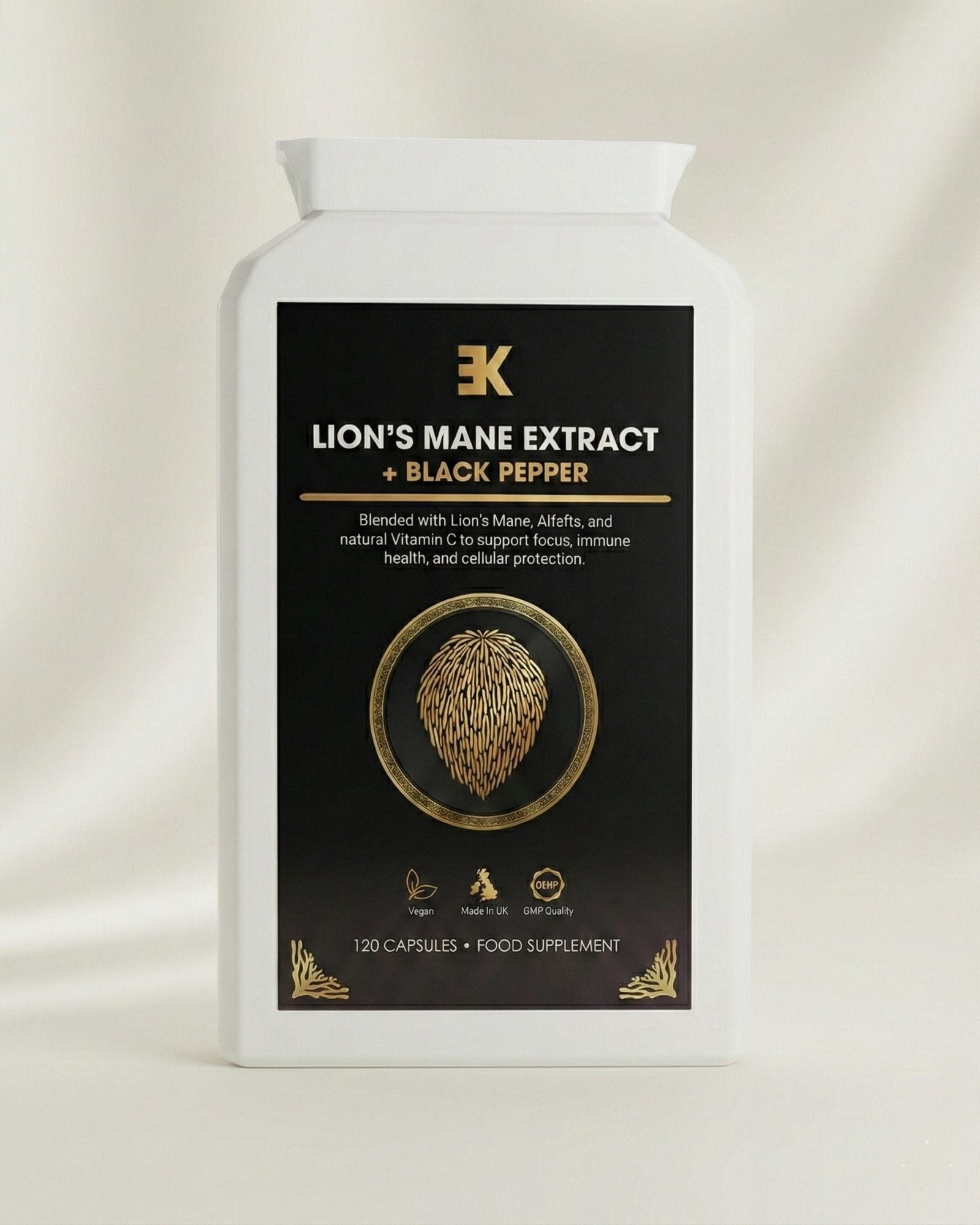Supplement package labeled 'Lion's Mane Extract + Black Pepper' on a light background