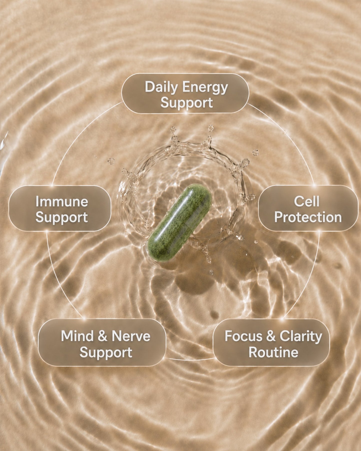 Green capsule in water with health benefits labeled around it