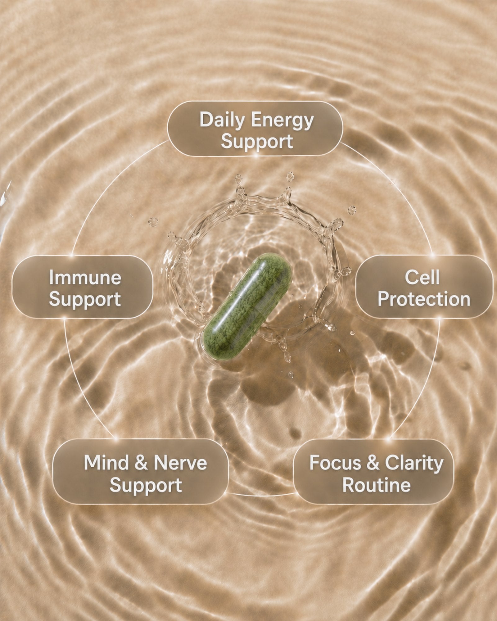 Green capsule in water with health benefits labeled around it