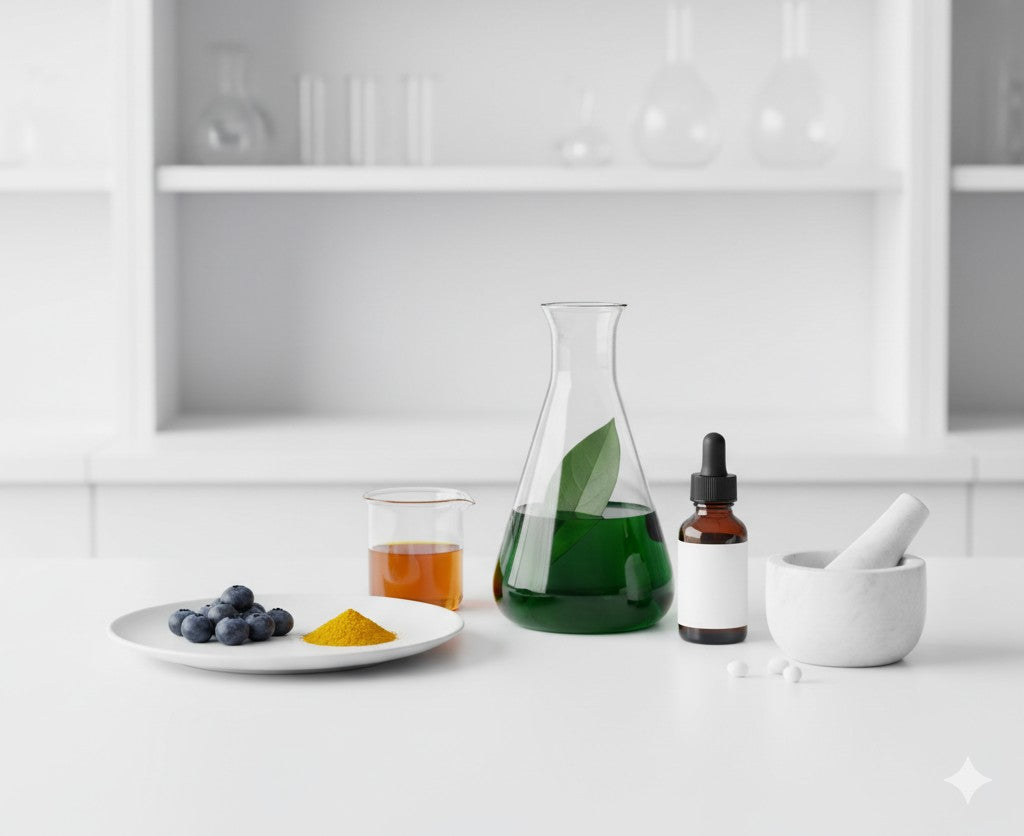 Herbal ingredients and a decanter on a white surface with a neutral background