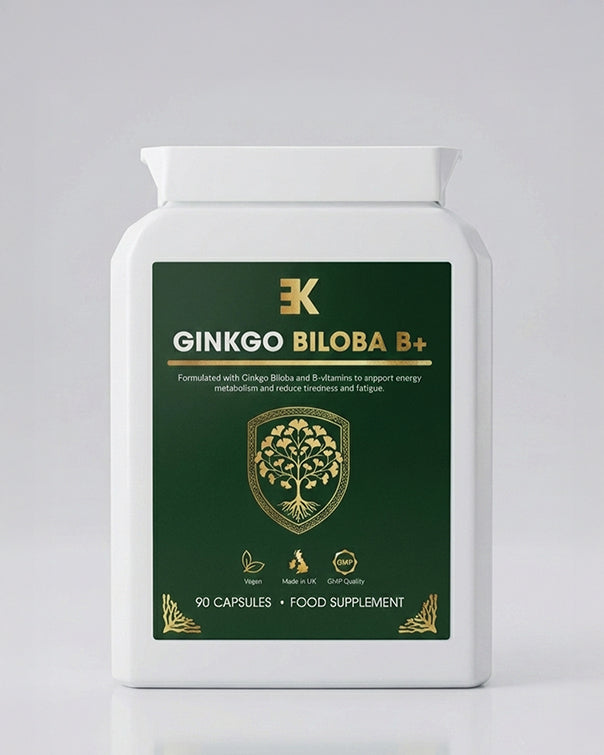 Ginkgo Biloba B+ supplement container on a gray background