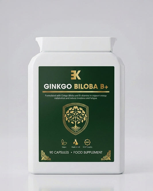 Ginkgo Biloba B+ supplement container on a gray background