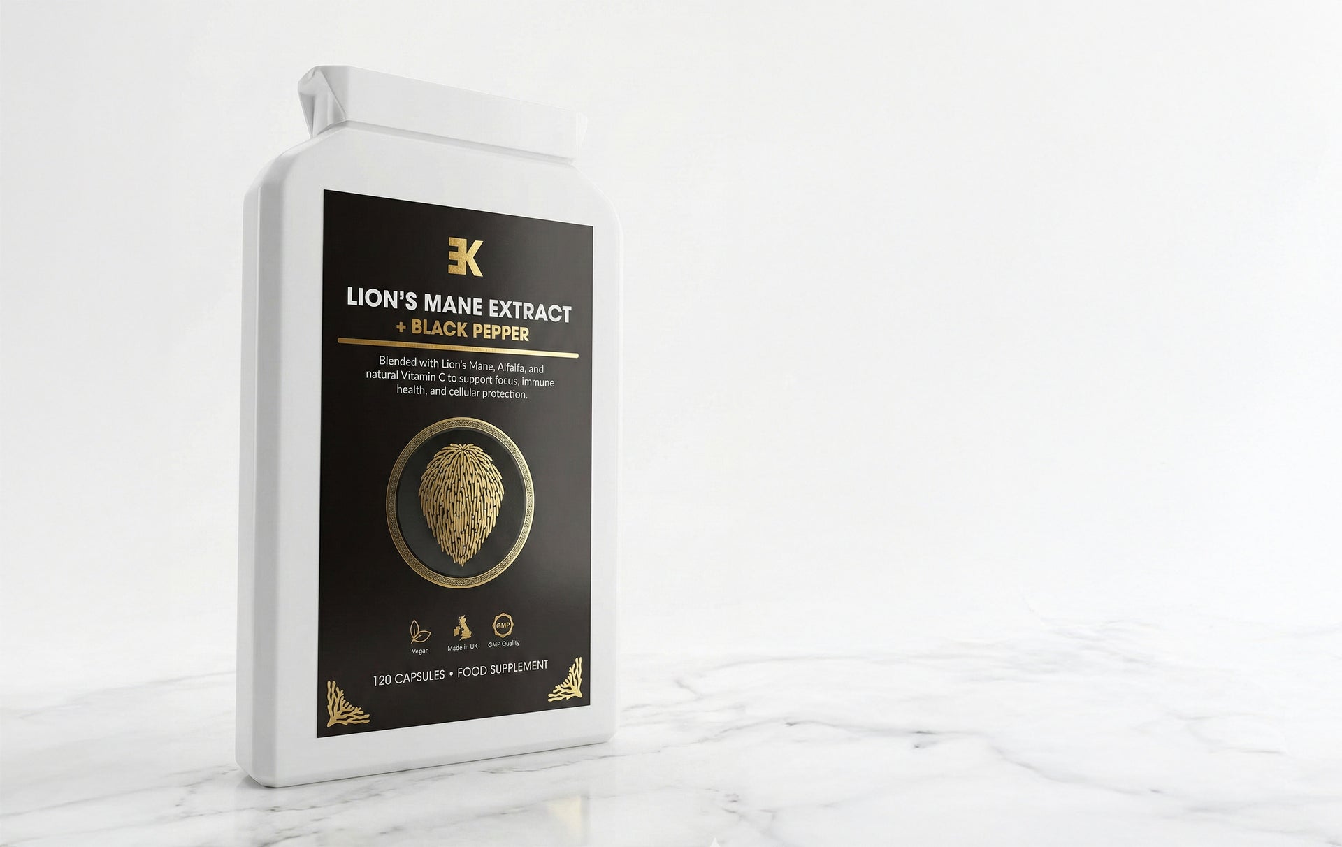 Supplement container labeled 'Lion's Mane Extract + Black Pepper' on a white background