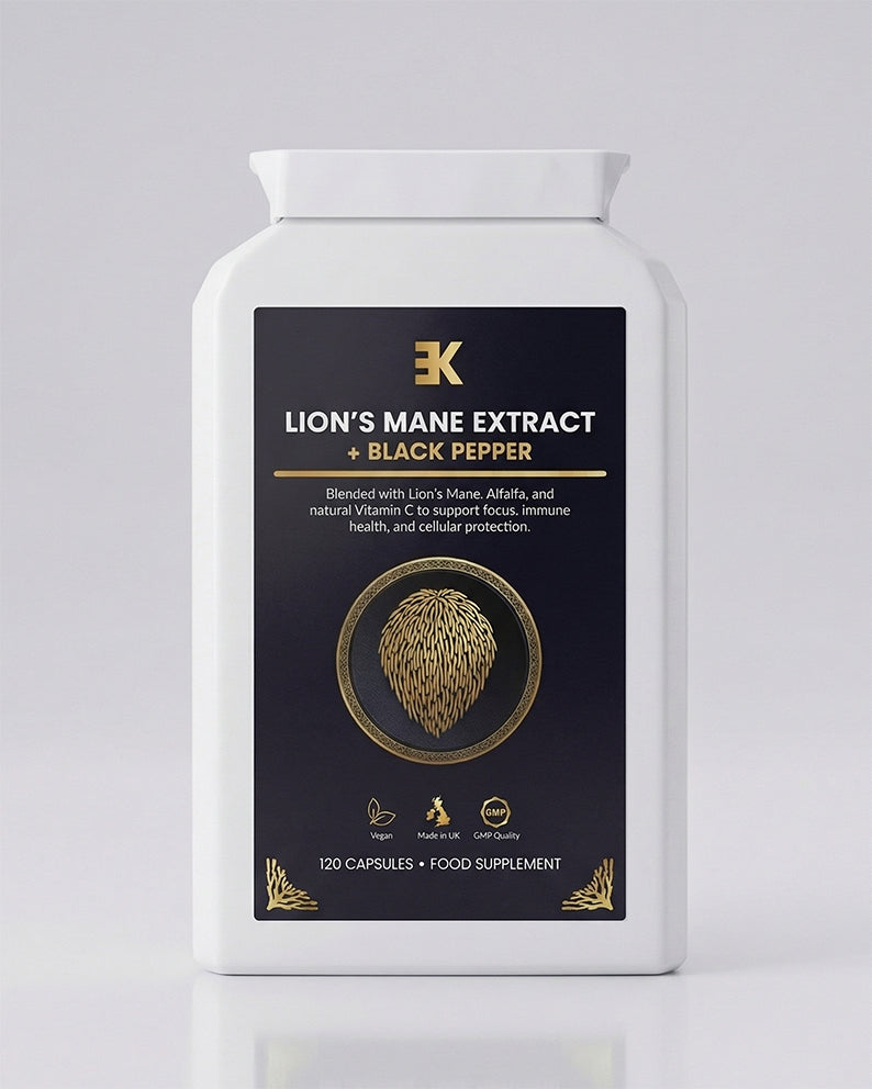 Lion's Mane Extract supplement container with black label on a gray background