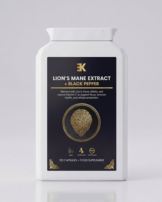 Lion's Mane Extract supplement container with black label on a gray background