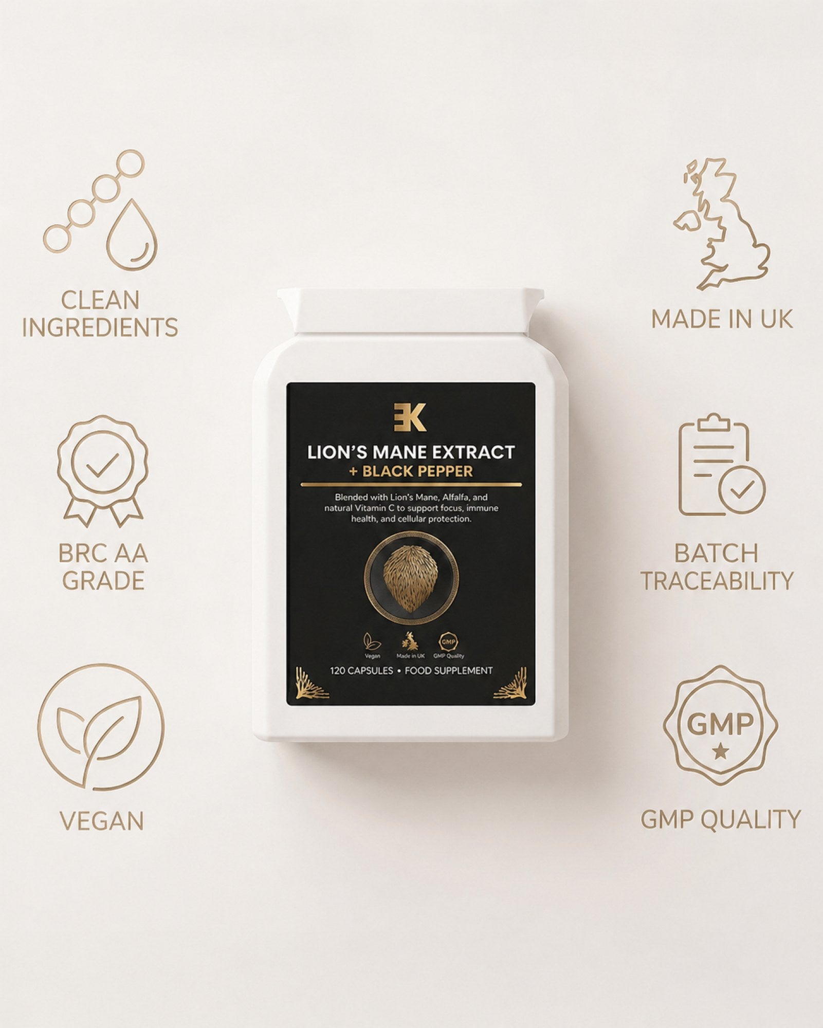 Box of Lion's Mane Extract with Black Pepper on a white background with certification icons.
