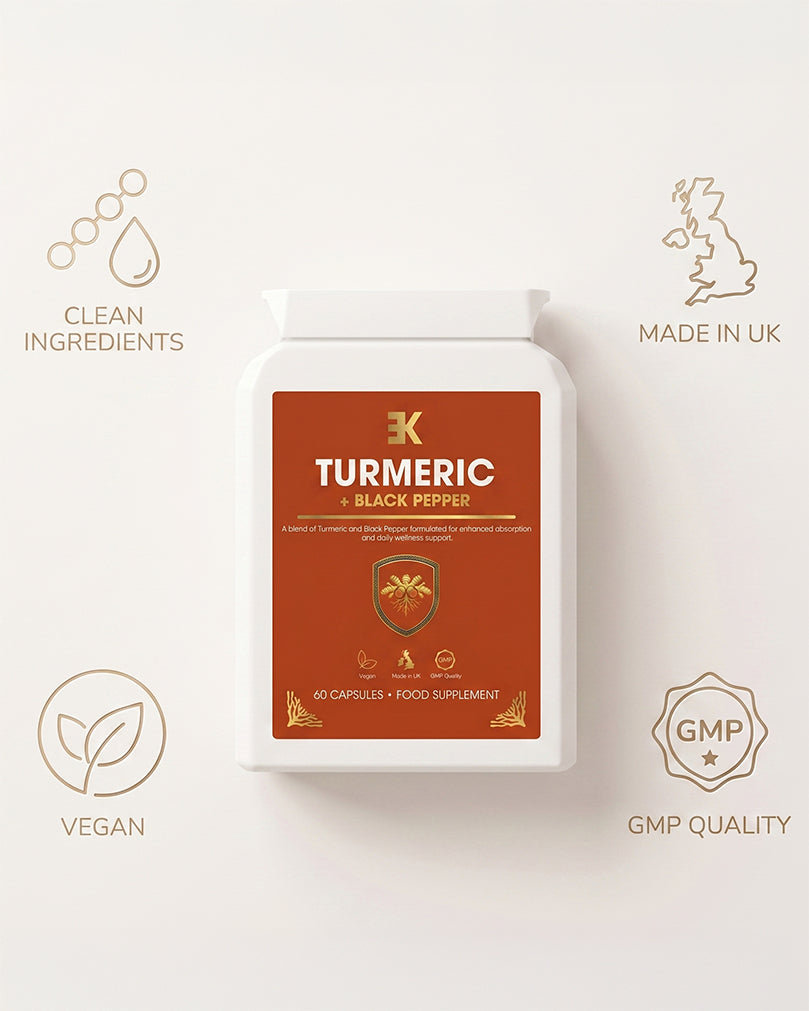 Turmeric with black pepper supplement container on a white background with icons indicating clean ingredients, made in UK, vegan, and GMP quality.