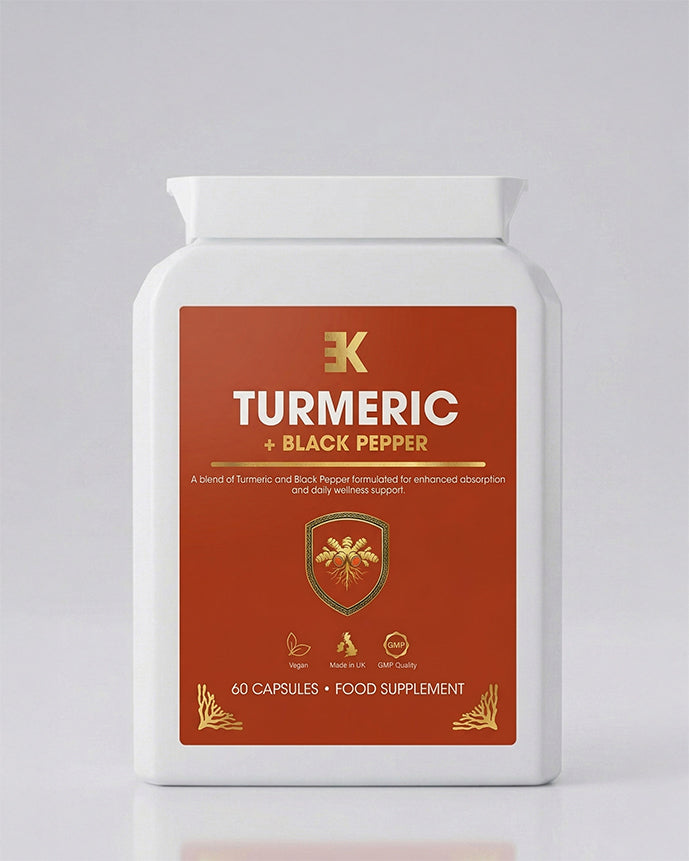 Supplement container labeled 'Turmeric + Black Pepper' with branding on a gray background
