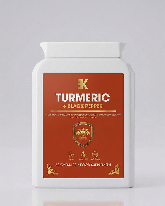 Supplement container labeled 'Turmeric + Black Pepper' with branding on a gray background