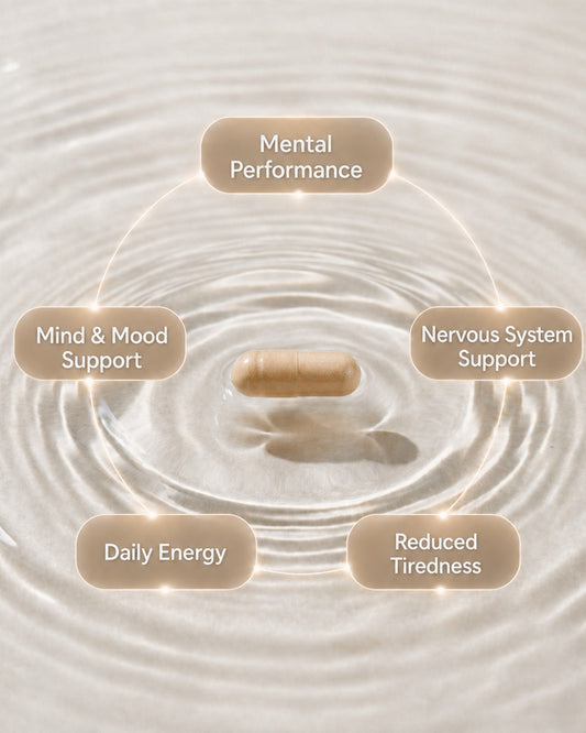 Supplement capsule with health benefits labeled on a water ripple background