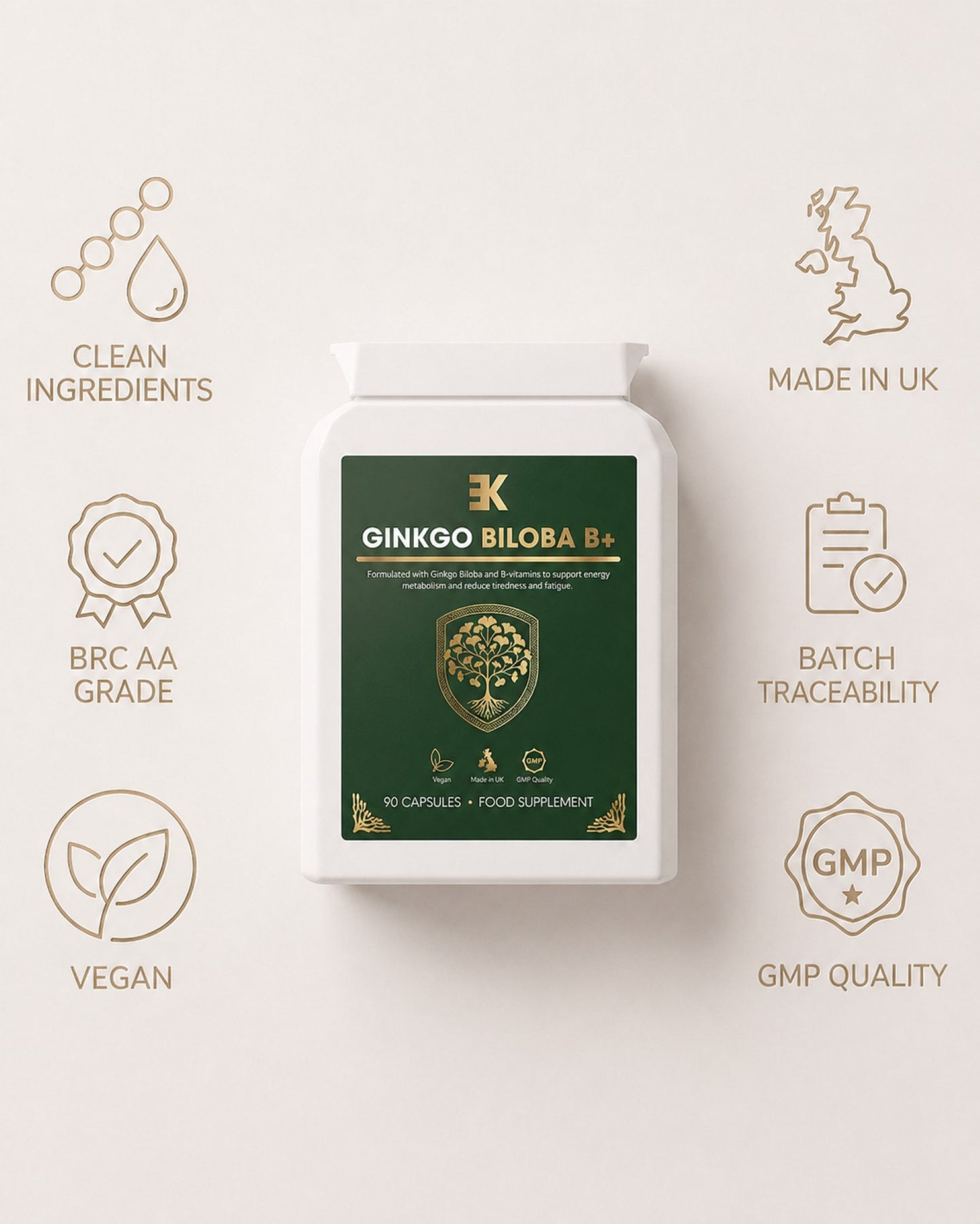 Ginkgo Biloba supplement container with certification icons on a light background