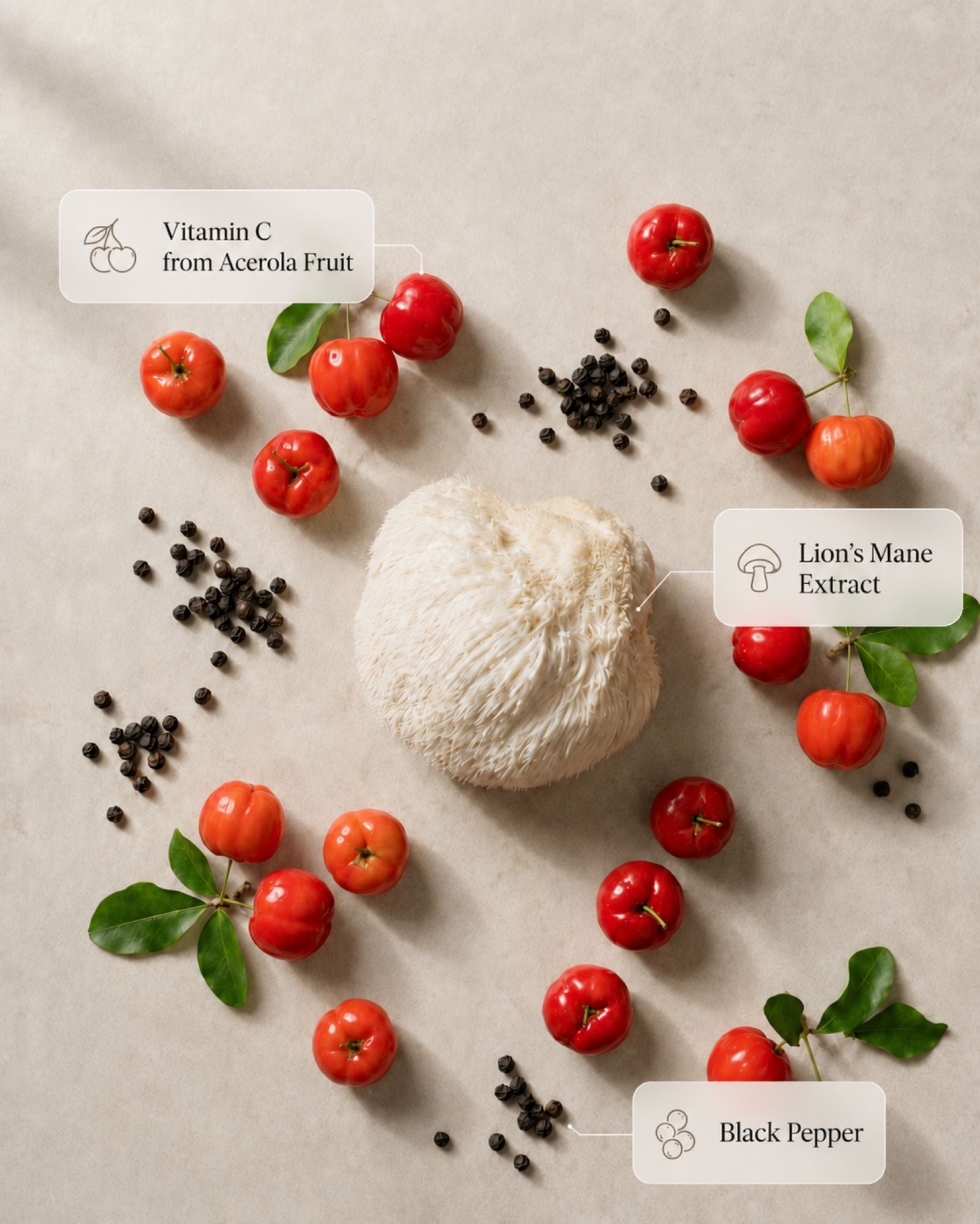 Ingredients including acerola fruit, lion's mane extract, and black pepper on a neutral background