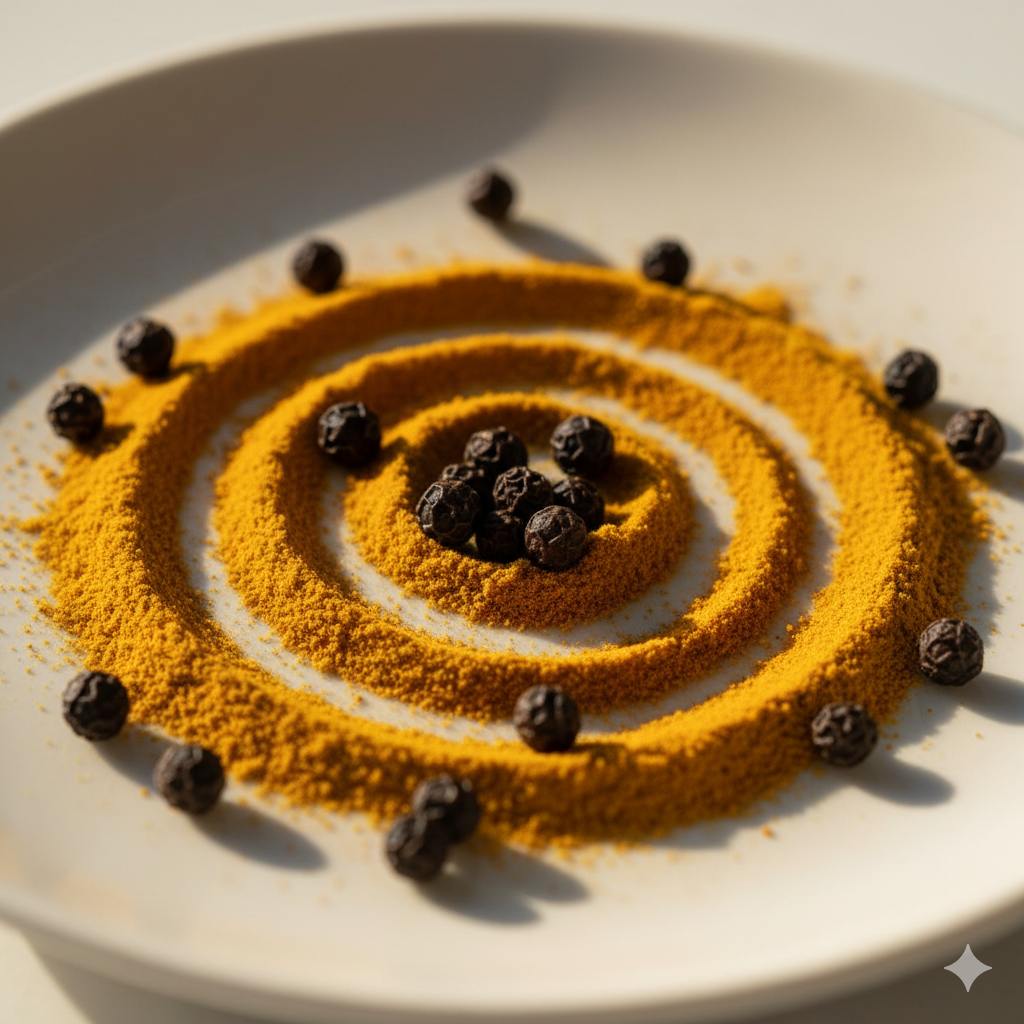 Spice arrangement with yellow powder and black peppercorns on a white plate